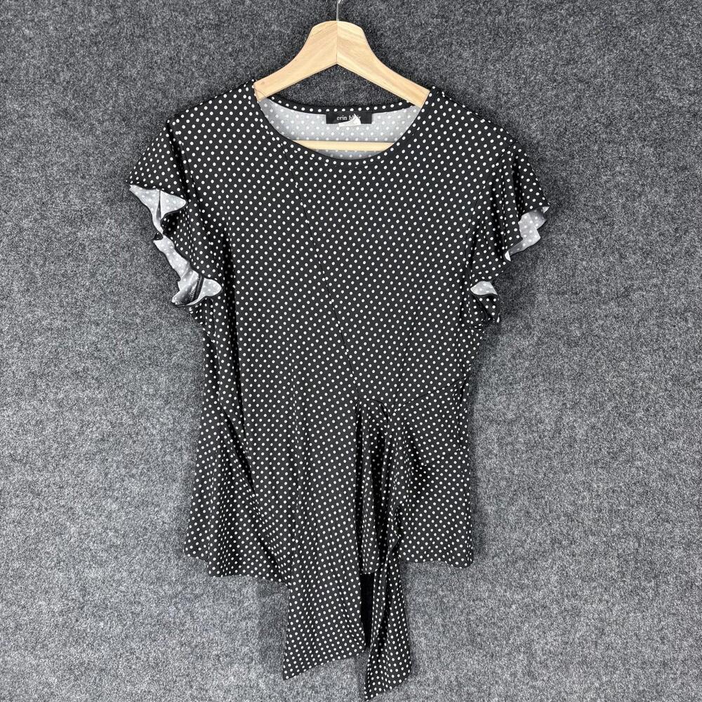 Erin Blair Blouse Women L Large Black Polka Dot Short Sleeve Round Neck Casual